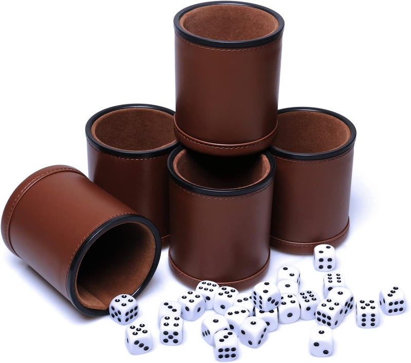 Bc Toptan 5 Pack PU Leather Dice Cups Felt Lining Quiet Shaker with 30 Dot Dice for Bar Party Yahtzee Farkle Dice Games - Image 1