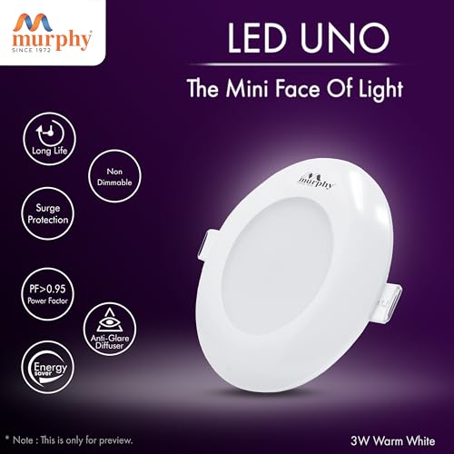 Murphy LED Uno 3W Round Deep Junction Box Light for False Ceiling | Warm White Mini Downlight | Anti-Glare Diffuser | Surge Protection | 45mm Cutout | 2 Years Warranty |Pack of 6 - Image 2