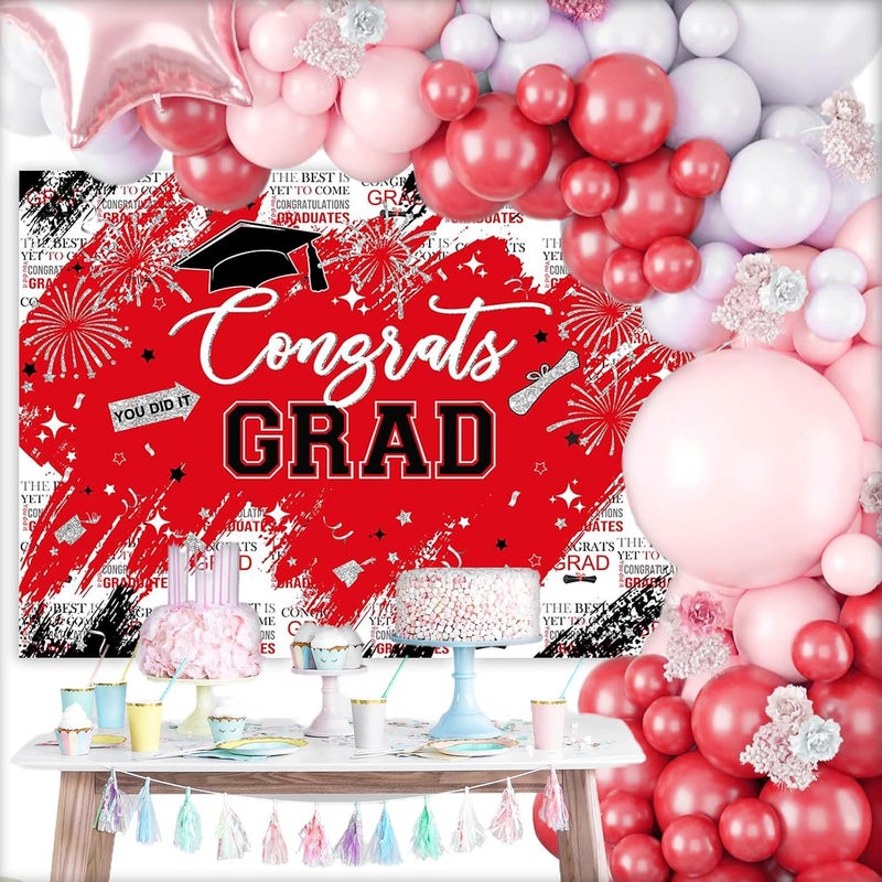 Mocsicka Graduation Backdrop Congrats Grad Red and Sliver Graduate Party Decorations Background Class of 2023 Photography Backdrops (Red, 8x6ft) - Image 4