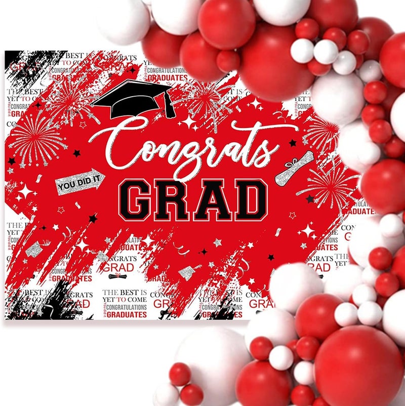 Mocsicka Graduation Backdrop Congrats Grad Red and Sliver Graduate Party Decorations Background Class of 2023 Photography Backdrops (Red, 8x6ft) - Image 2