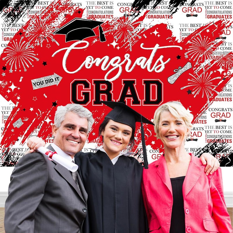 Mocsicka Graduation Backdrop Congrats Grad Red and Sliver Graduate Party Decorations Background Class of 2023 Photography Backdrops (Red, 8x6ft) - Image 3