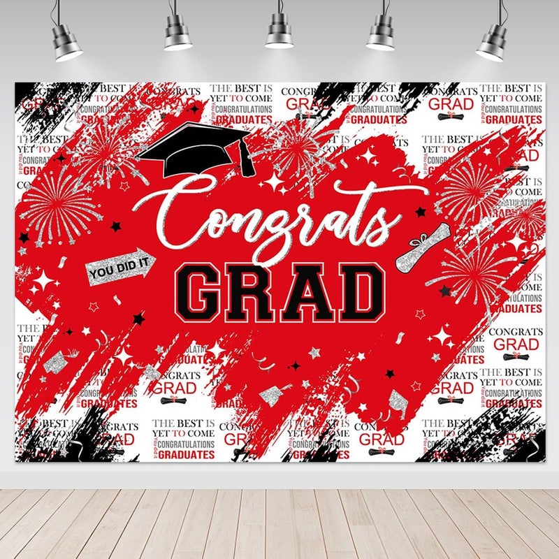 Mocsicka Graduation Backdrop Congrats Grad Red and Sliver Graduate Party Decorations Background Class of 2023 Photography Backdrops (Red, 8x6ft) - Image 1