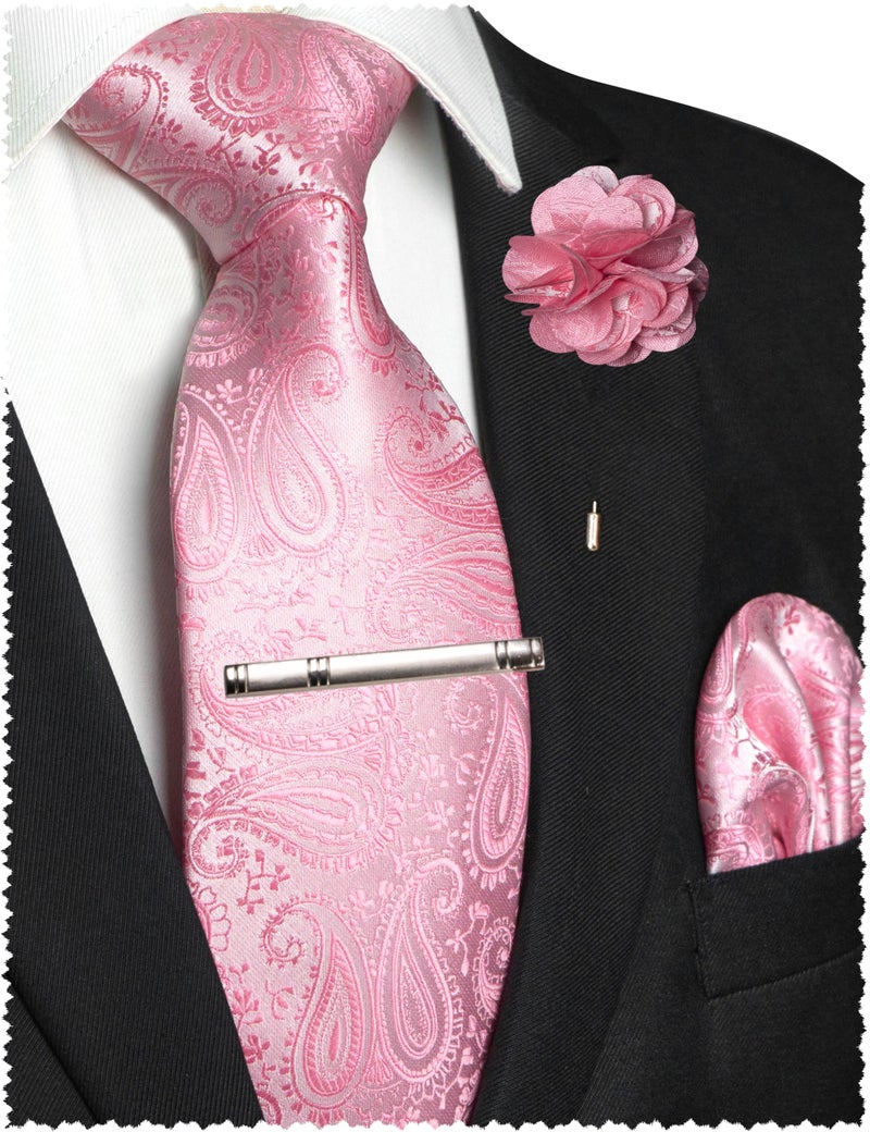 JEMYGINS Mens Pink Paisley Tie and Lapel Pin Necktie Pocket Square and Tie Clip with Sets for Business Casual 4PCS(17) - Image 1