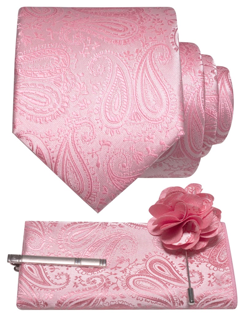 JEMYGINS Mens Pink Paisley Tie and Lapel Pin Necktie Pocket Square and Tie Clip with Sets for Business Casual 4PCS(17) - Image 2