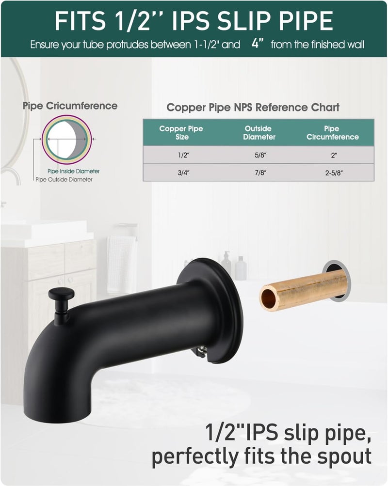 LOCALAND Slip-On Extra Long Tub Spout with Diverter, 1/2 Inch Slip Fit Connection,Matte Black - Image 2