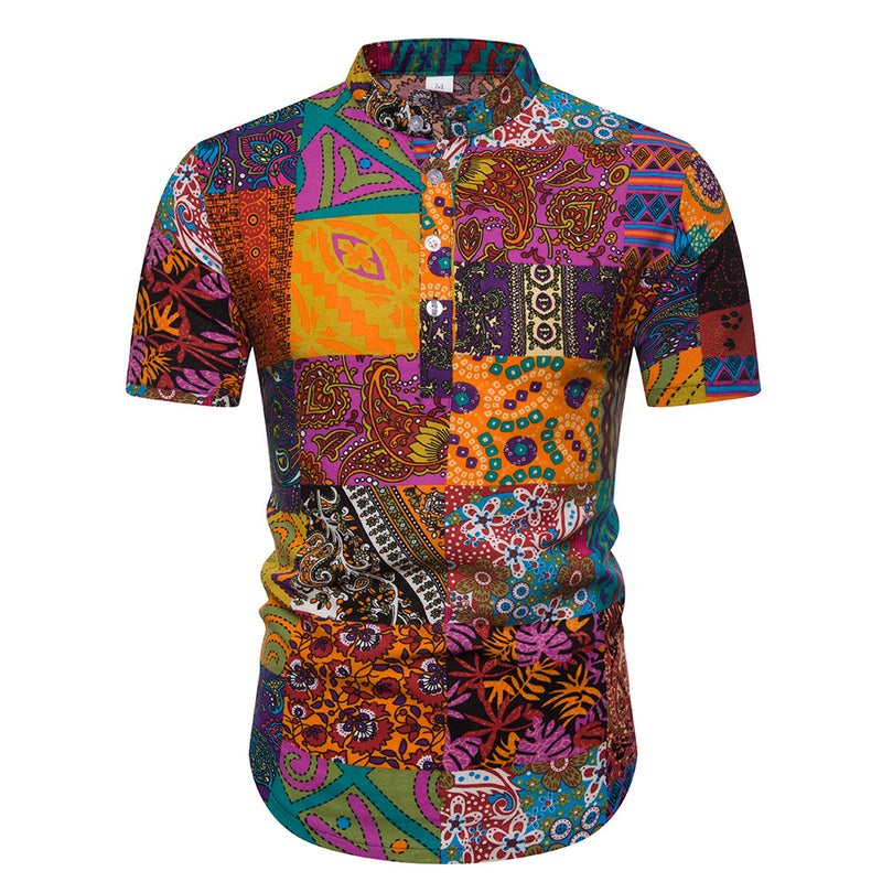 2019 Men's Cotton and Linen Vertical Collar Short-sleeved T-shirt Men's Floral Half-sleeved T-shirt for Men - Image 1