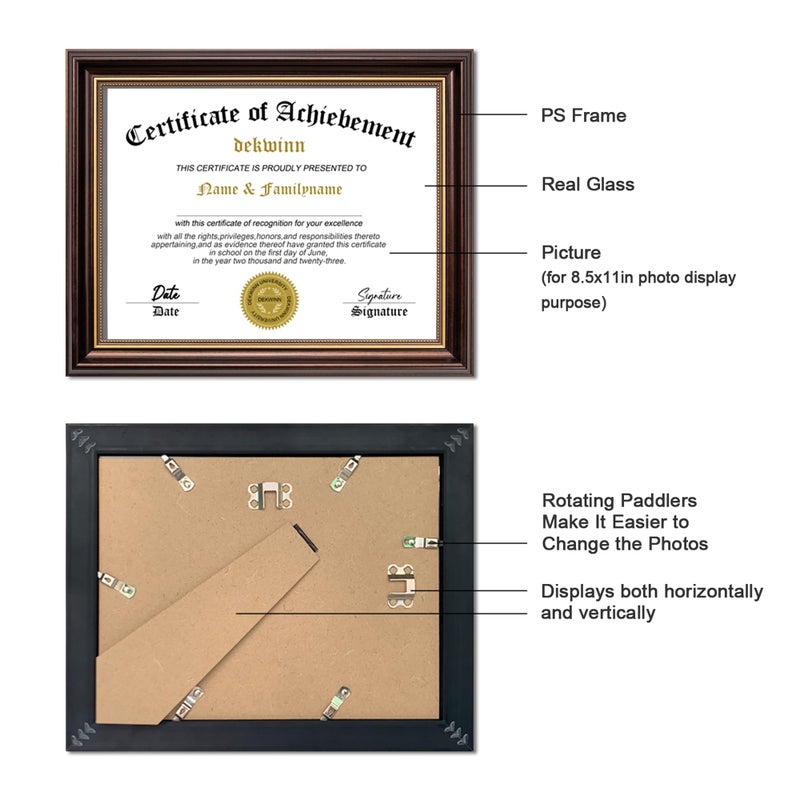 DEKWINN,8.5x11 Diploma Frames Certificate Document Frame,1 Pack Reddish Brown/Gold Trim with Real Glass for Wall Gallery or Tabletop display, Without Mat - Image 2