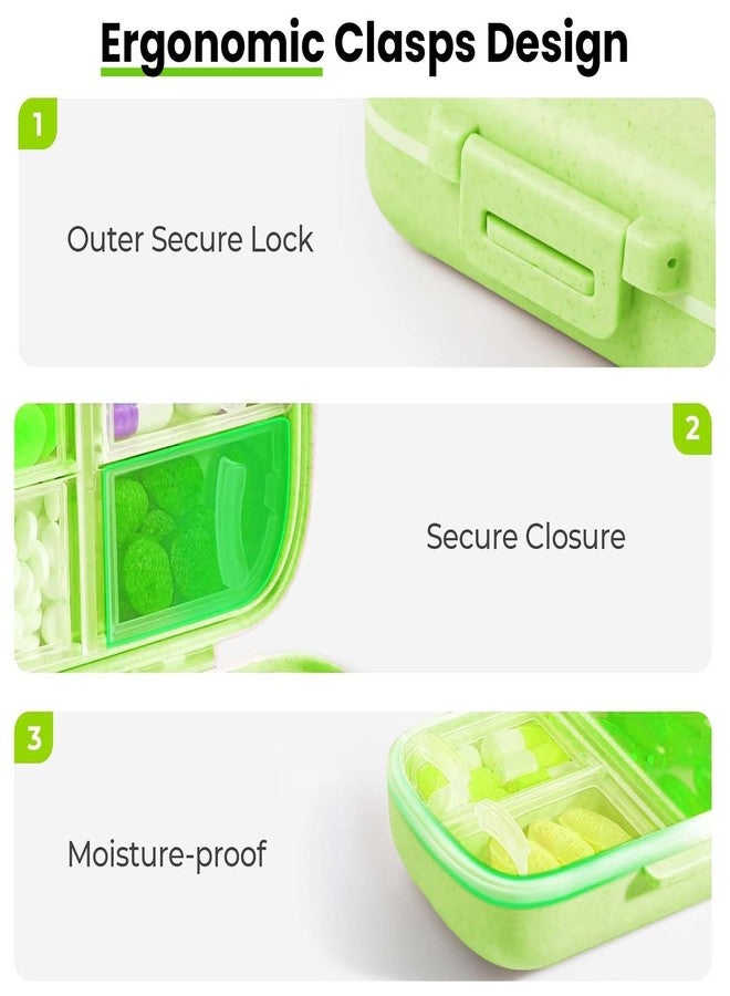 Homeaura Medicine Organizer Pill Box for Travel with 8 Compartments | Airtight Tablet Box for Medicine Storage | Wheat Straw Material BPA Free Moisture Proof | Portable Daily Pill Case | Green 1 Pc - Image 2