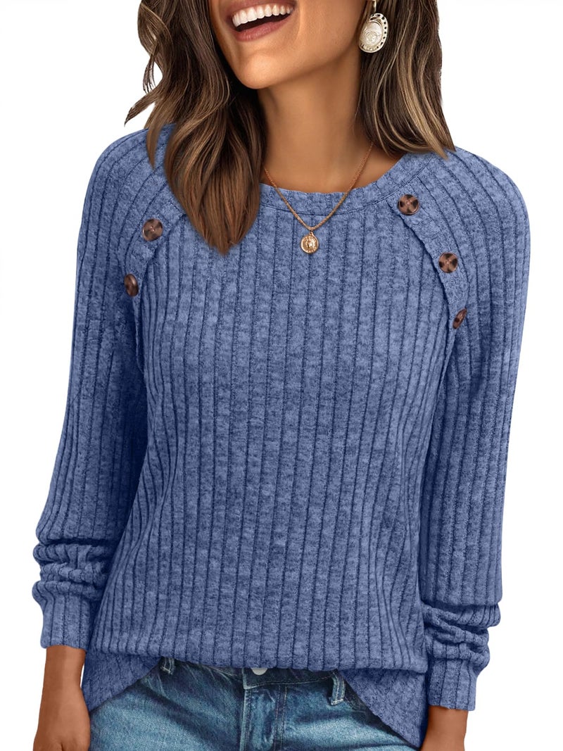 AUTOMET Womens Long Sleeve T Shirts Casual Tunic Work Tops Spring Plus Size Sweaters Date Night Outfit 2026 Dressy Blouse Blue XL - Image 1