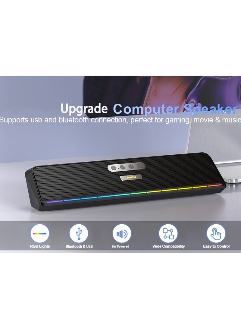 Computer Speakers for Desktop Laptop Tablet, Wired USB Soundbar Speaker with Stereo Sound, Vibrating Diaphragms, Flowing LED, Plug-n-Play PC Speakers Computer Soundbar, Bluetooth  USB Input - Image 2