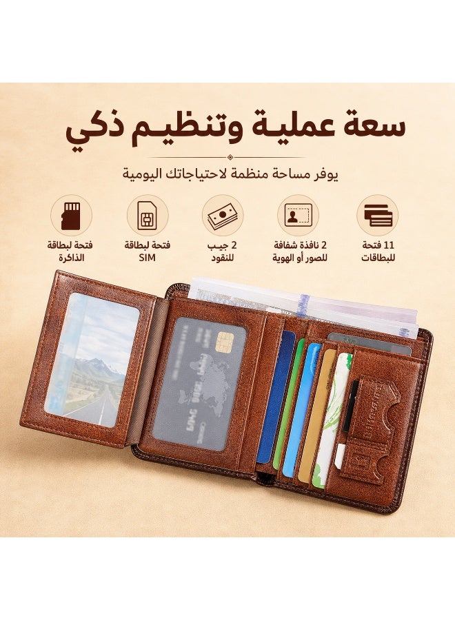 بانيانو محفظة بان يانو رجالية ثلاثية الطيات من الجلد الطبيعي - مضادة لسرقة بطاقات RFID، محفظة قصيرة مبطنة بالألياف الدقيقة مع فتحات متعددة للبطاقات، جلد بقر عتيق (بني أصفر) - Image 3