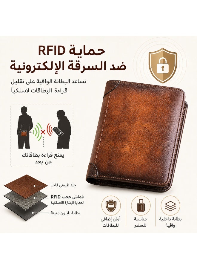 بانيانو محفظة بان يانو رجالية ثلاثية الطيات من الجلد الطبيعي - مضادة لسرقة بطاقات RFID، محفظة قصيرة مبطنة بالألياف الدقيقة مع فتحات متعددة للبطاقات، جلد بقر عتيق (بني أصفر) - Image 4