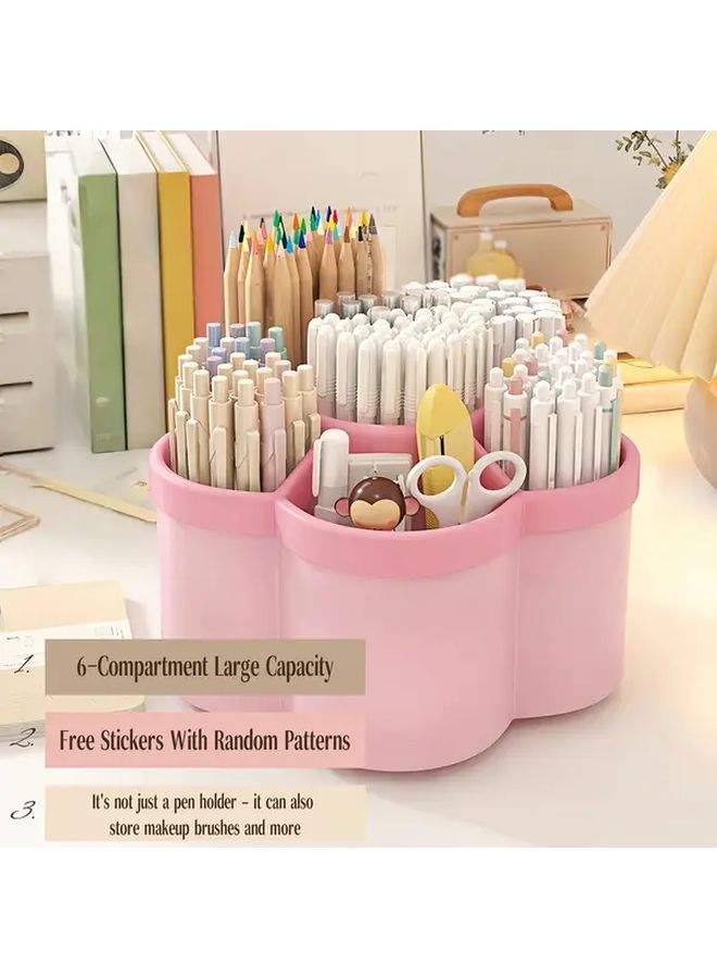 Pink Rotating Desktop Organizer 6 Compartment Storage For Makeup Pens Office Supplies - Image 5