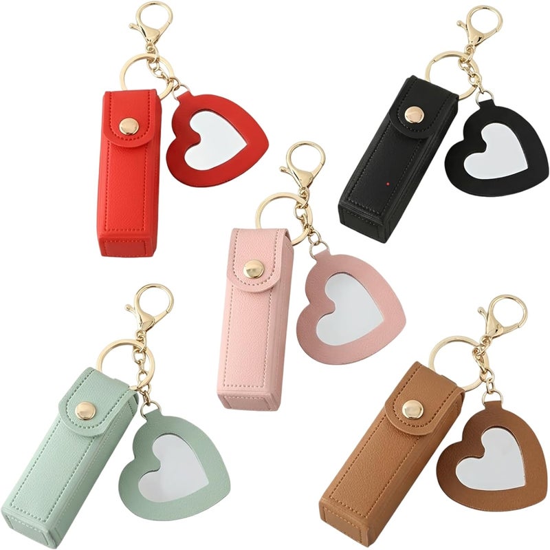 5 Pcs Lipstick Case Keychain Set, PU Leather Lip Balm Holder Keyring with Heart Mirror, Portable Mini Lip Gloss Organizer Fob, Emerald Green, Brown, Black, Pink, Red, 6.1 in Total Length - Image 1