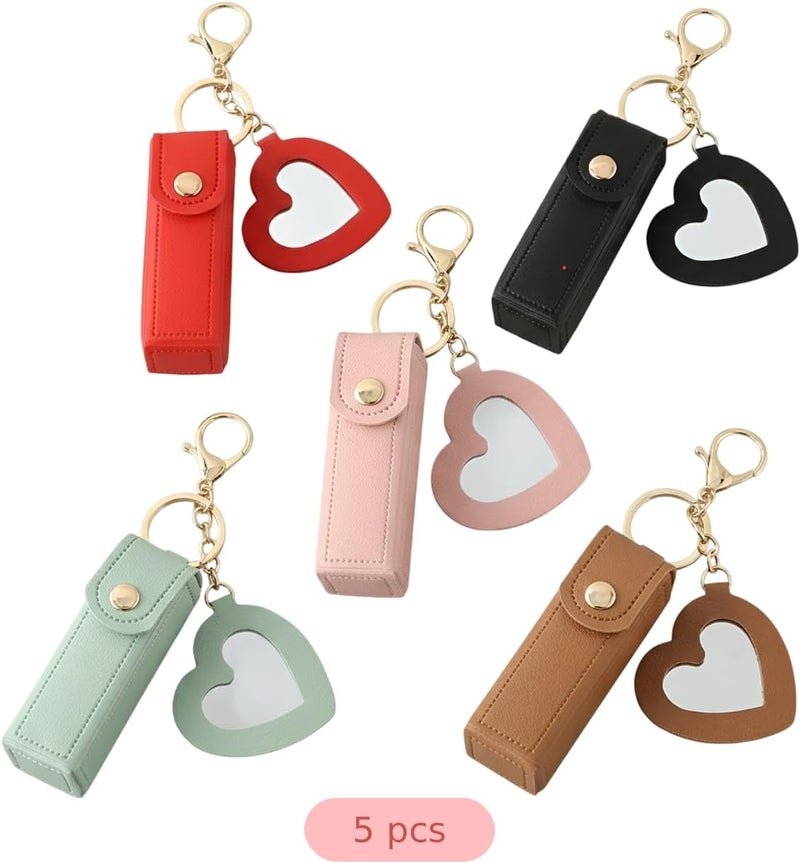 5 Pcs Lipstick Case Keychain Set, PU Leather Lip Balm Holder Keyring with Heart Mirror, Portable Mini Lip Gloss Organizer Fob, Emerald Green, Brown, Black, Pink, Red, 6.1 in Total Length - Image 4
