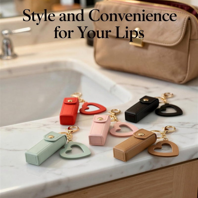 5 Pcs Lipstick Case Keychain Set, PU Leather Lip Balm Holder Keyring with Heart Mirror, Portable Mini Lip Gloss Organizer Fob, Emerald Green, Brown, Black, Pink, Red, 6.1 in Total Length - Image 3