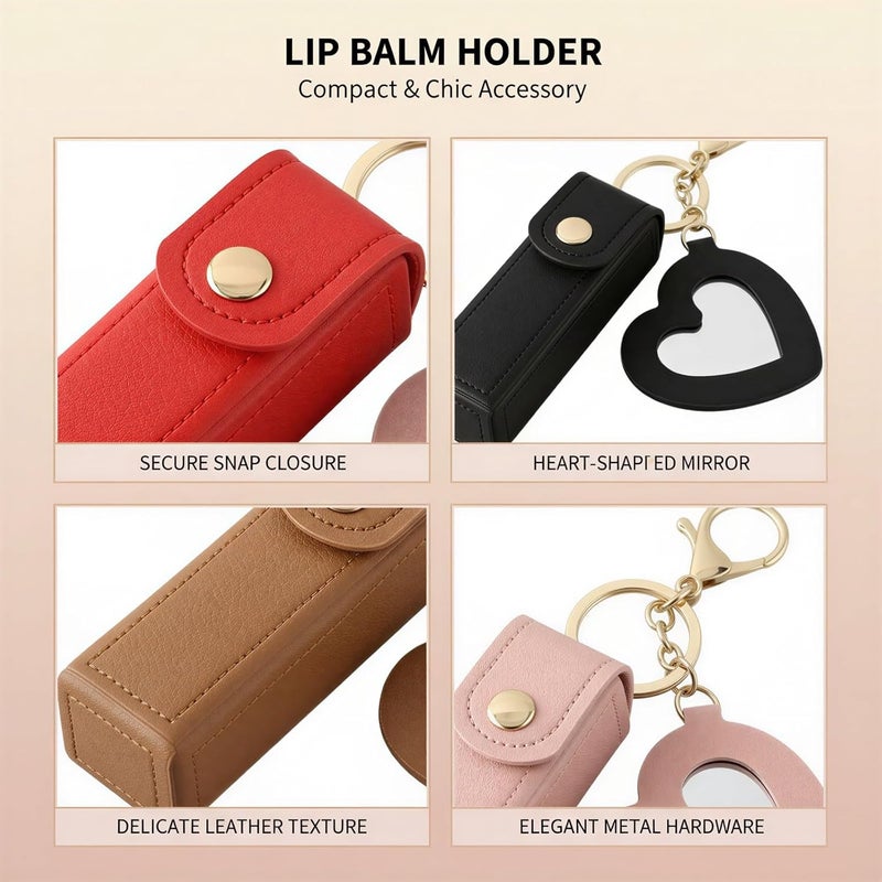 5 Pcs Lipstick Case Keychain Set, PU Leather Lip Balm Holder Keyring with Heart Mirror, Portable Mini Lip Gloss Organizer Fob, Emerald Green, Brown, Black, Pink, Red, 6.1 in Total Length - Image 5