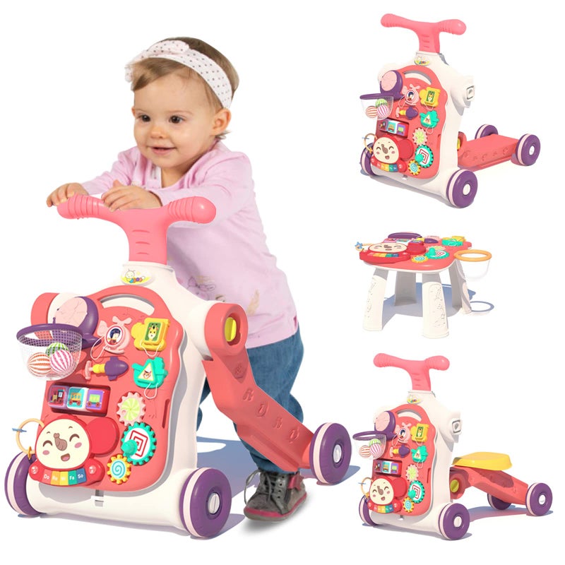 QDRAGON 5 in 1 Walker for Baby Girl, Baby Push Walkers, Assemble as Scooter/Motorbike/Activity Center/Detachable Panel, Walking Toys for Infants 6-12 Months, Red - Image 1