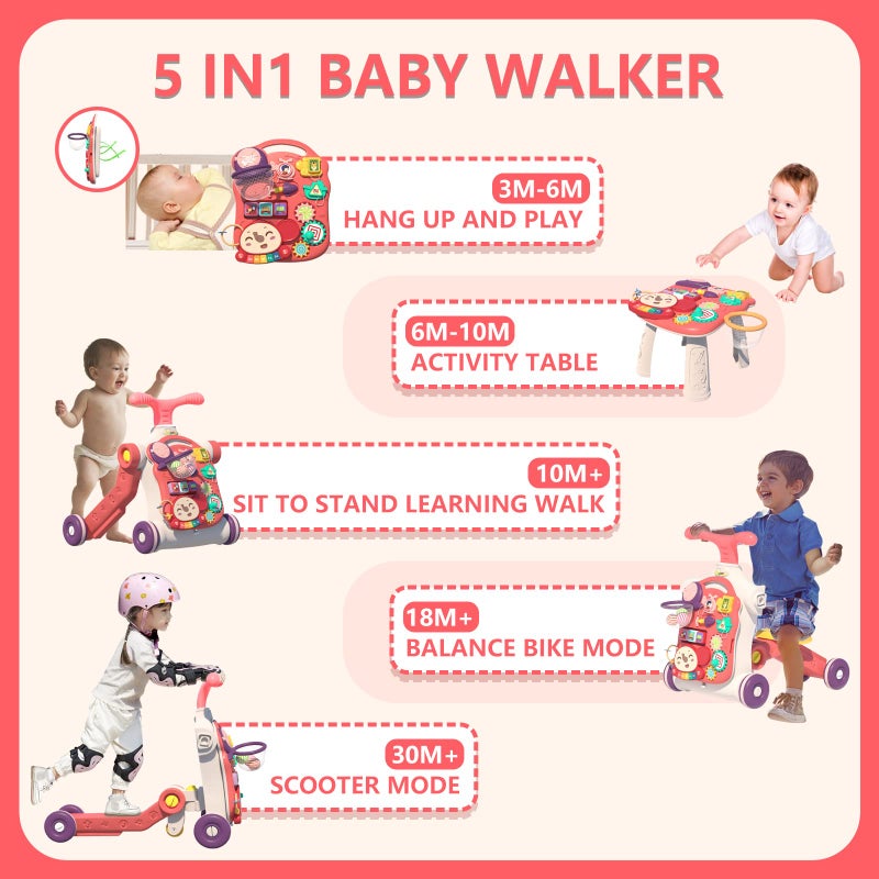 QDRAGON 5 in 1 Walker for Baby Girl, Baby Push Walkers, Assemble as Scooter/Motorbike/Activity Center/Detachable Panel, Walking Toys for Infants 6-12 Months, Red - Image 2