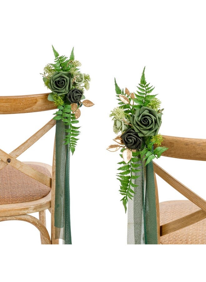 8 Wedding Aisle Pew Artificial Flowers Arrangements For Ceremony Chair Back Floral Decorations With Chiffon Ribbons Emerald & Gold Reception Church Rose Faux Hanging Rose Party Outdoor