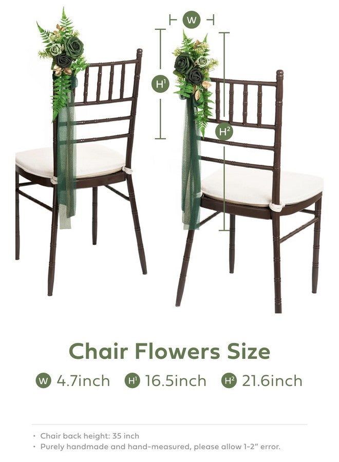8 Wedding Aisle Pew Artificial Flowers Arrangements For Ceremony Chair Back Floral Decorations With Chiffon Ribbons Emerald & Gold Reception Church Rose Faux Hanging Rose Party Outdoor