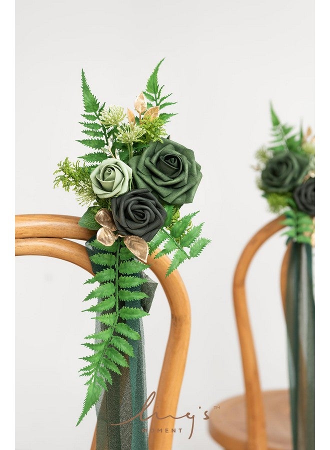 8 Wedding Aisle Pew Artificial Flowers Arrangements For Ceremony Chair Back Floral Decorations With Chiffon Ribbons Emerald & Gold Reception Church Rose Faux Hanging Rose Party Outdoor