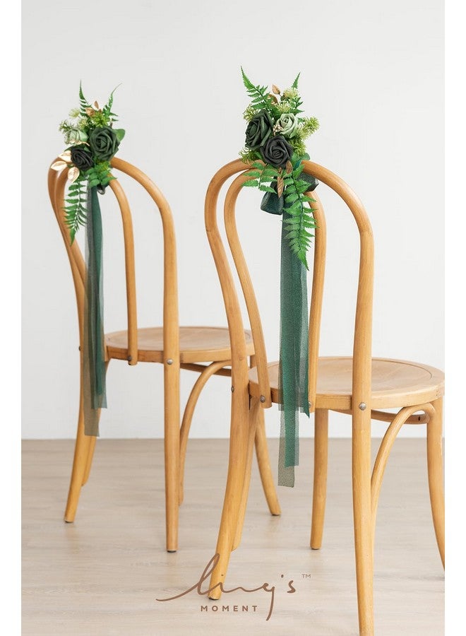8 Wedding Aisle Pew Artificial Flowers Arrangements For Ceremony Chair Back Floral Decorations With Chiffon Ribbons Emerald & Gold Reception Church Rose Faux Hanging Rose Party Outdoor