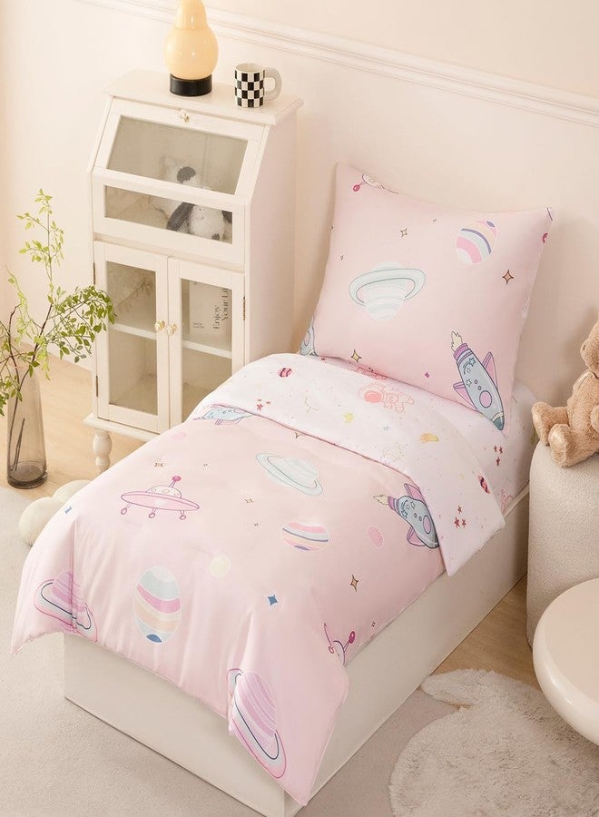 PERFEMET 4 Piece Toddler Girl Bedding Set Space Theme Pink Toddler Bed Set with Sheets Soft Reversible Astronaut Planets Crib Bed Comforter for Kids Girls - Image 2