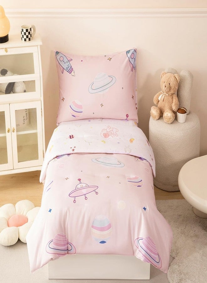 PERFEMET 4 Piece Toddler Girl Bedding Set Space Theme Pink Toddler Bed Set with Sheets Soft Reversible Astronaut Planets Crib Bed Comforter for Kids Girls - Image 1