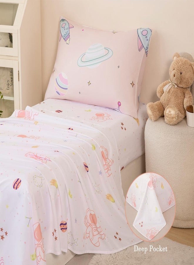 PERFEMET 4 Piece Toddler Girl Bedding Set Space Theme Pink Toddler Bed Set with Sheets Soft Reversible Astronaut Planets Crib Bed Comforter for Kids Girls - Image 4