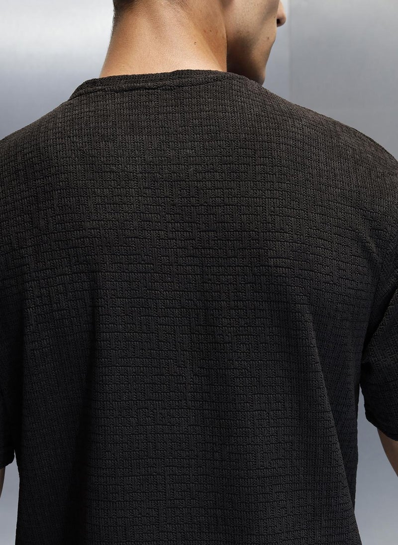 Wrogn Textured Men's Casual Regualr Fit T-Shirt | Black - Image 5