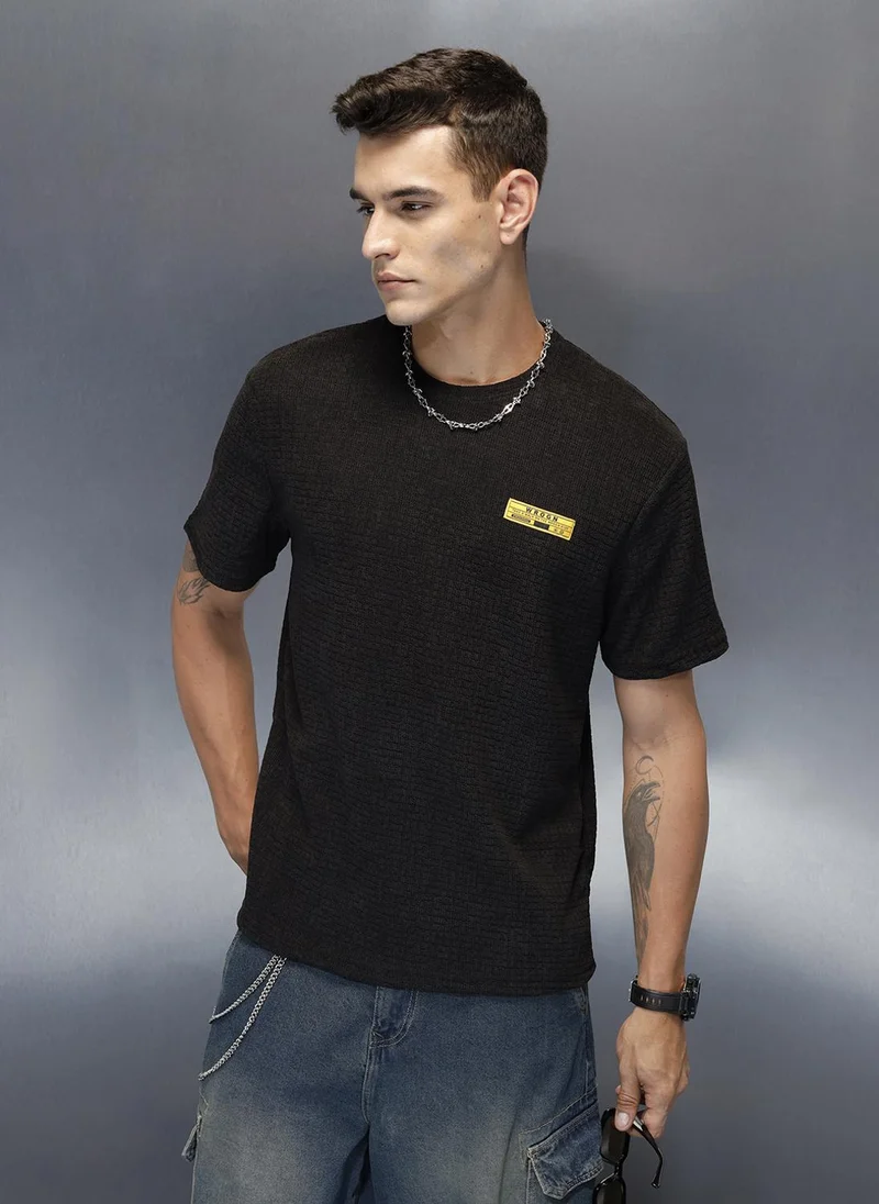 روجن Textured Men's Casual Regualr Fit T-Shirt | Black