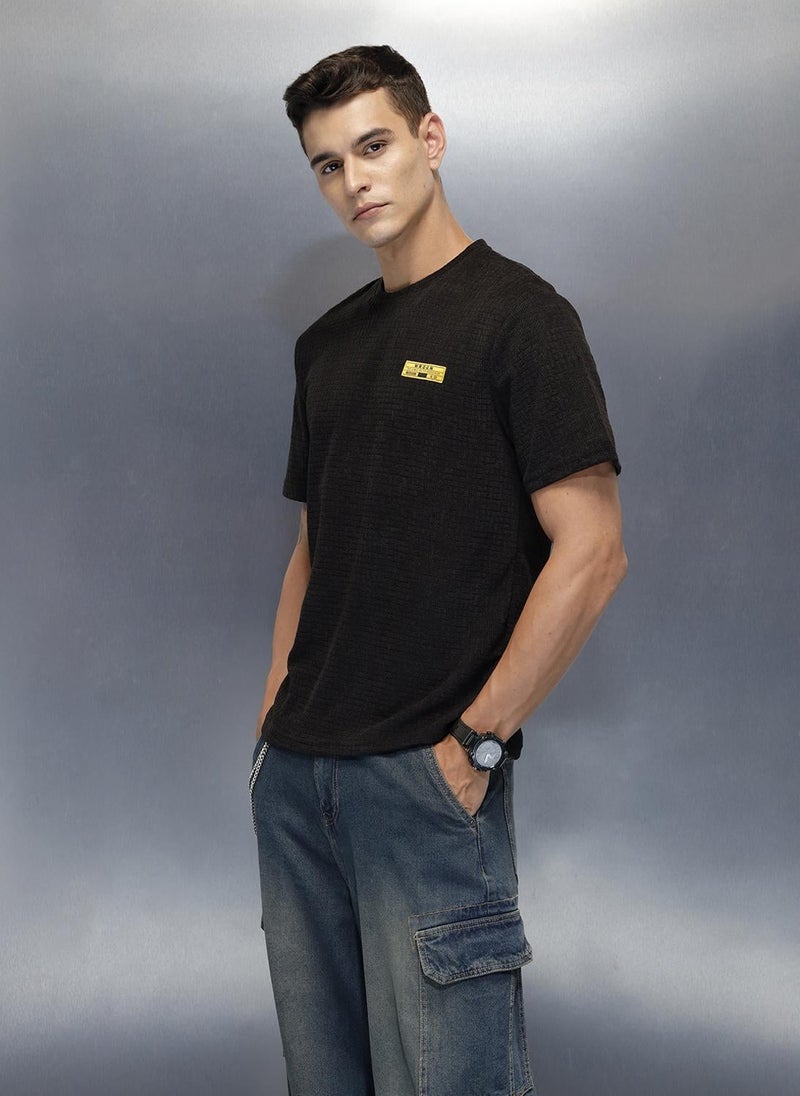 Wrogn Textured Men's Casual Regualr Fit T-Shirt | Black - Image 4