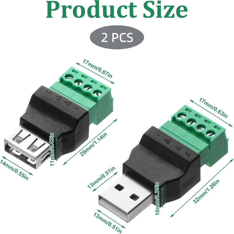 2Pcs USB 2.0 Female to 4 Pin Screw Terminal Connector Solderless Adapter - Image 1