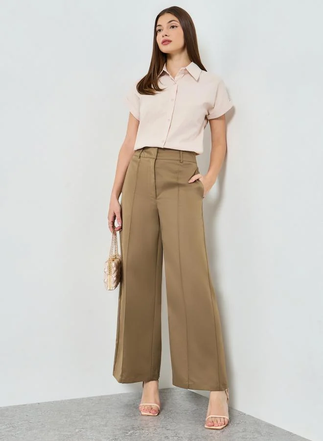 Styli Tan Solid Wide Leg Trousers
