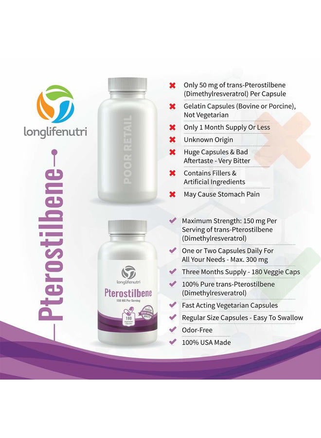 LongLifeNutri Pterostilbene 150mg, 180 Vegetarian Capsules, 3-Month Supply for Natural Wellness, Made in USA, Pure Natural Powder - Image 5