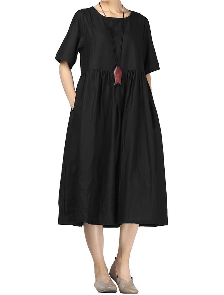 Minibee Womens Linen Tunic Summer Dress Casual Midi Dresses with Pockets Black L