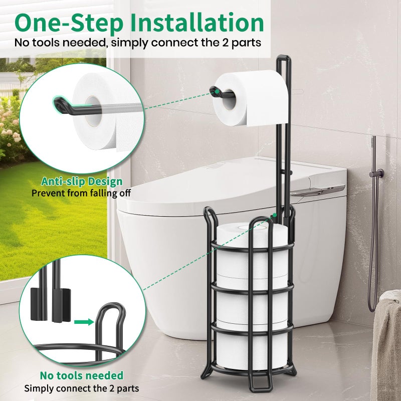 TomCare Toilet Paper Holder Toilet Paper Stand and Dispenser for 3 Spare Rolls Metal Wire Free-Standing Toilet Tissue Paper Roll Storage Shelf Bathroom Accessories Storage Organizer Black - Image 2
