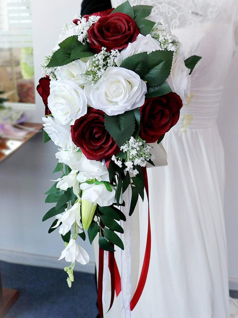 ChezMax Wedding Bridal Bouquet Bride Artificial Rose Flowers with Ribbons Bridesmaid Fake Flower Bunch 118 Inch Tossing Cascading Bouquet for Boho Rustic Ceremony Anniversary Party Decorations