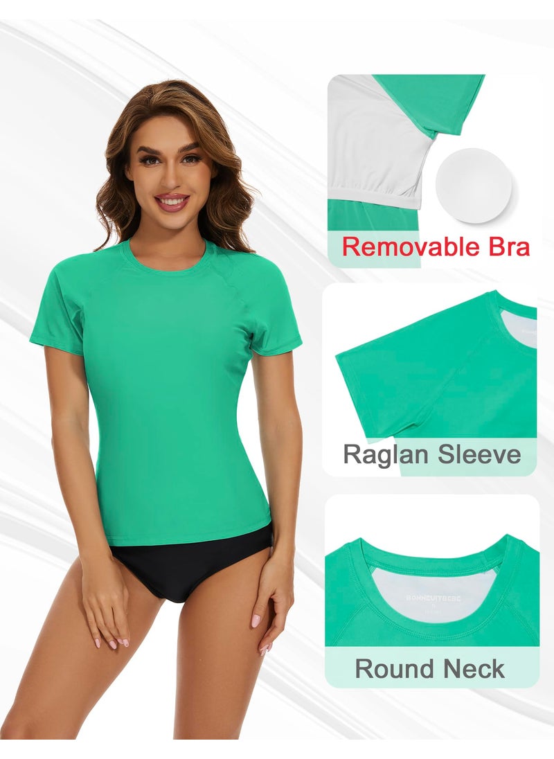 Bonneuitbebe Bonneuitbebe Womens Short Sleeve Rash Guard Swim Top with Built in Bra UPF50+ Sun Protection Swim Shirts Quick Dry Swimsuit Green  - Image 4