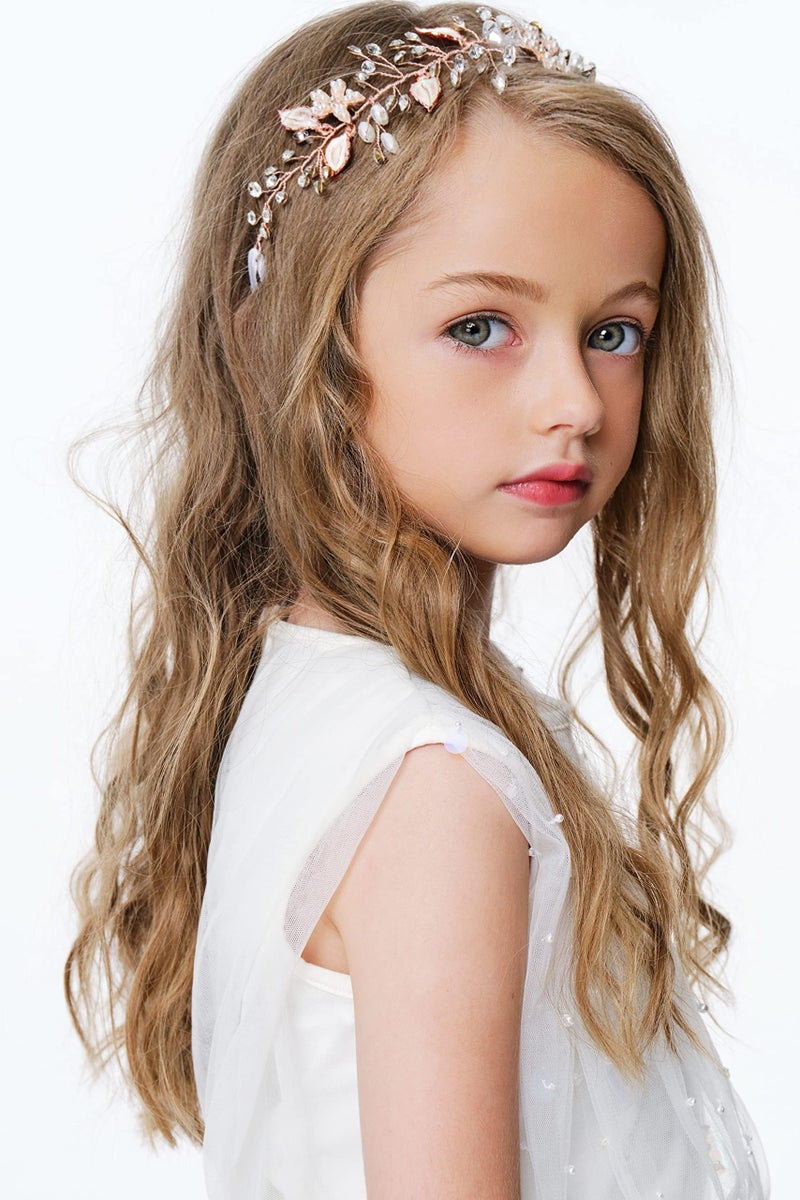 Coucoland Flower Girl Fairy Headpiece - Rose Gold Leaf Girls Toddler Crown Hair Piece Vine Prom Bridal Wedding Accessories Crystal Tiara for Women - Image 2