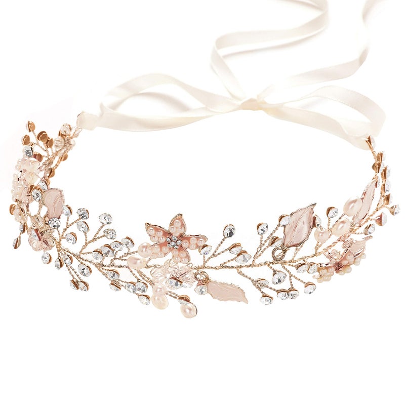Coucoland Flower Girl Fairy Headpiece - Rose Gold Leaf Girls Toddler Crown Hair Piece Vine Prom Bridal Wedding Accessories Crystal Tiara for Women - Image 1
