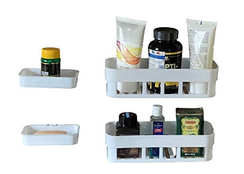 Vruta Medium Size Combo Plastic Strong Adhesive Bathroom and Kitchen Self Adhesive Wall Mounted Soap Stand and Bathroom Shelves, White (Bathroom Shelve 2Pcs + Soap Stand 2Pcs) - Image 1