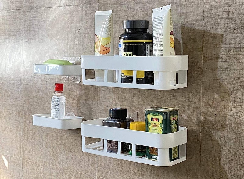 Vruta Medium Size Combo Plastic Strong Adhesive Bathroom and Kitchen Self Adhesive Wall Mounted Soap Stand and Bathroom Shelves, White (Bathroom Shelve 2Pcs + Soap Stand 2Pcs) - Image 2