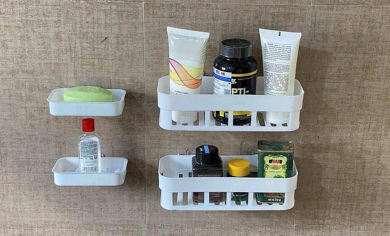 Vruta Medium Size Combo Plastic Strong Adhesive Bathroom and Kitchen Self Adhesive Wall Mounted Soap Stand and Bathroom Shelves, White (Bathroom Shelve 2Pcs + Soap Stand 2Pcs) - Image 3
