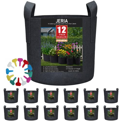 JERIA 12-Pack 10 Gallon, Vegetable/Flower/Plant Grow Bags, Aeration Fabric Pots with Handles (Black), Come with 12 Pcs Plant Labels - Image 1