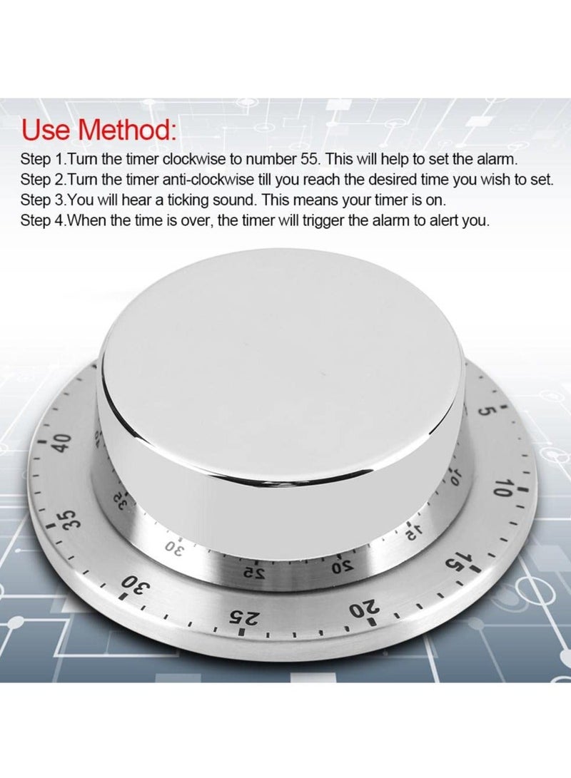 Manual Timer, 60 Minute Professional Mechanical Kitchen Timer With Magnetic Base, Countdown Cooking Baking Timing Tool, Loud Alarm Sound And Easy To Stick On Any Surface(Silver) - Image 4