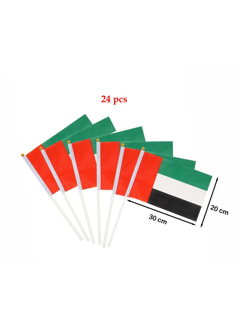 Souvenir Souq 24 PCS UAE  Flags 20x30 cm | Satin Fabric UAE Flags with Stick, outdoor and indoor decoration, for building, offices apartments & Villa| National Day Celebration Flags | Party & Event Supplies - Image 1