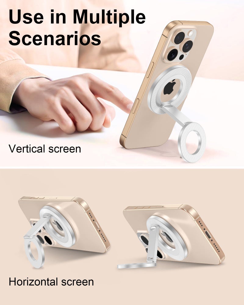AILKIN Magnetic Phone Ring Holder with Dual-Side Magnets, 360° Rotating Stand, MagSafe Grip Ring Stand Magnetic Kickstand for iPhone 17e 17 16 15 14 13 12, Android, Phone Grip for Desk, Car, Office-Silver - Image 5