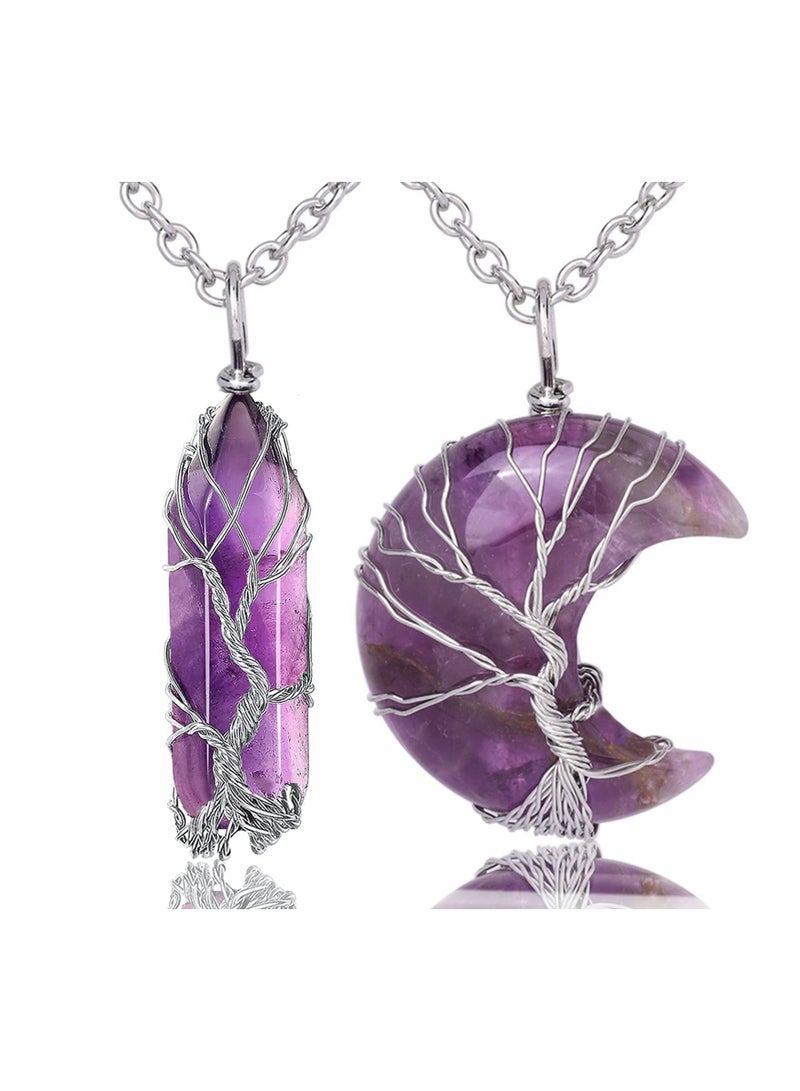 Luckam Amethyst Healing Crystal Stone Necklace Silver Wire Wrapped Crescent Moon Pendant Crystal Necklaces for Women Amethyst Jewellery Natural Quartz Crystal Reiki Gemstone Necklace Valentines Gift - Image 1